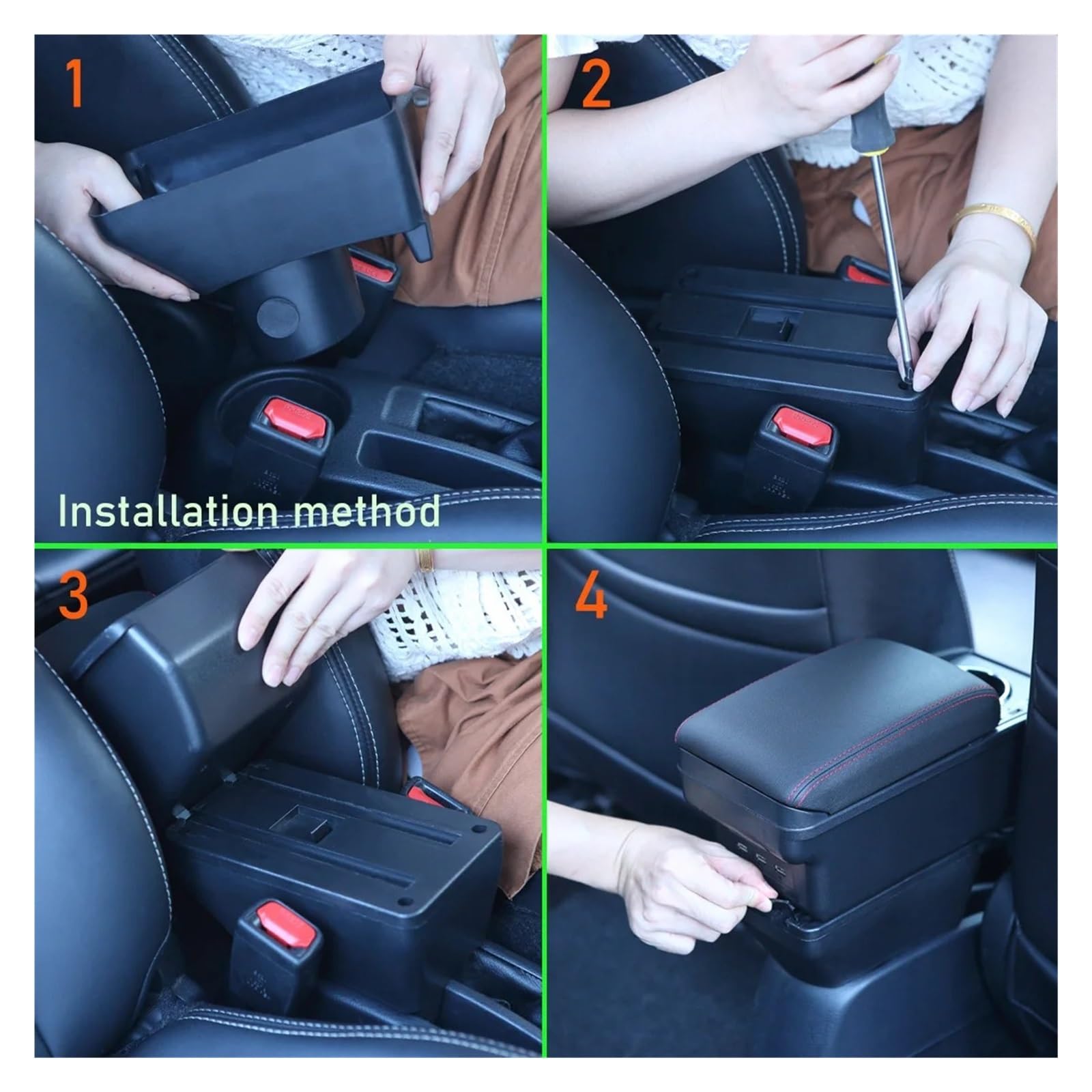 Coche Reposabrazos Para Fiat Para 500 2012-2025 Reposabrazos Dedicado Retrofit Realza El Centro Interior Caja De Almacenamiento Accesorios(B Black red 6USB)