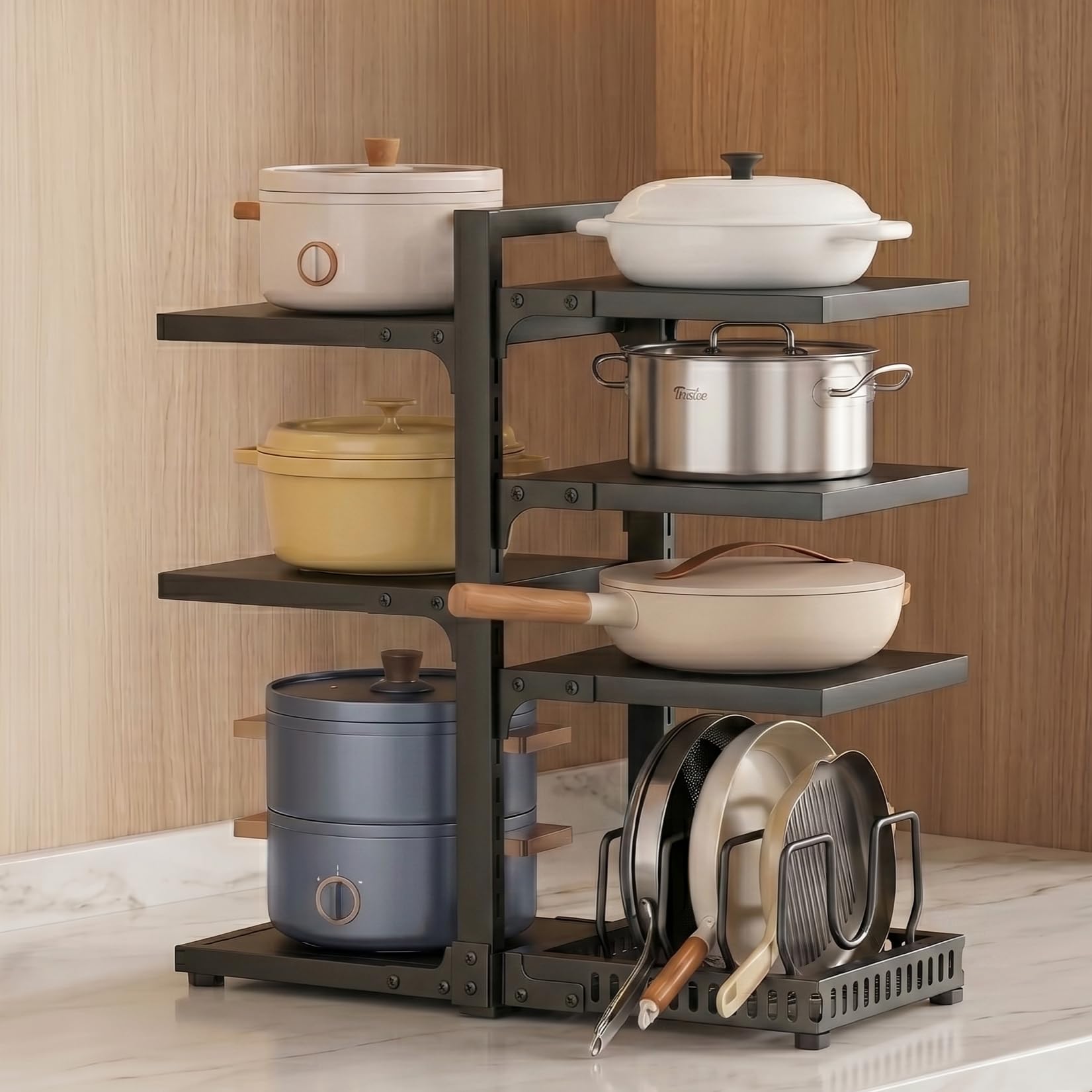 Mustorn Pots and Pans Organizer Black Pan Racks for Kitchen Adjustable Pot Holder for Cabinet Lid Stand for Kitchen Storage Metal Cooker Organizer Rack (7 Tiers)-image-14