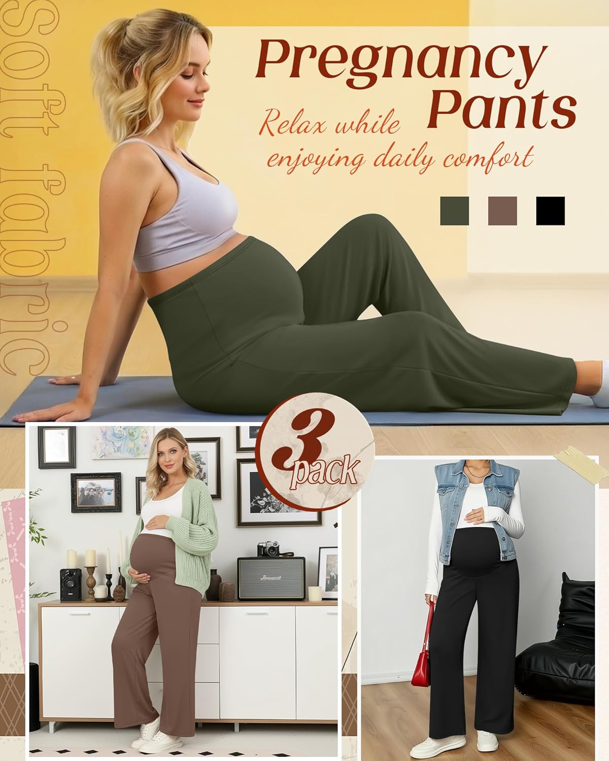 Sweetyweee 3 Pack Women's Maternity Wide Leg Pants Over The Belly Pregnancy Lounge Pants Stretchy Loose Pajama Trousers - Image 4