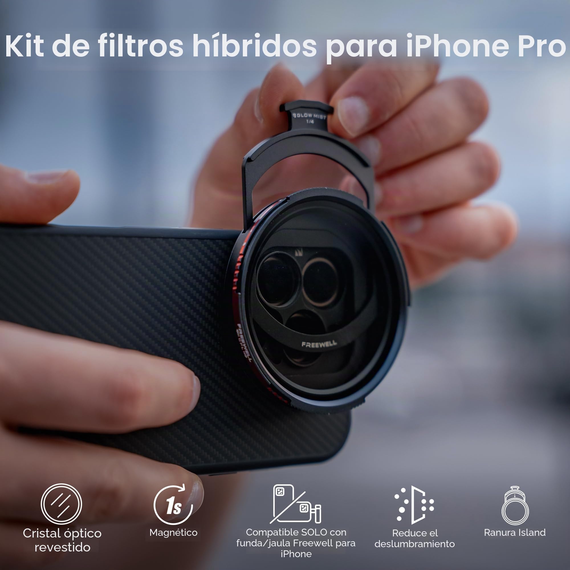 Freewell Pro Hybrid - Filtro magnético híbrido de 1 a 10 Paradas ND/CPL con ND32, Degradado Suave 1.2, Niebla Brillante Negra Compatible con Funda y Jaula Freewell para iPhone
