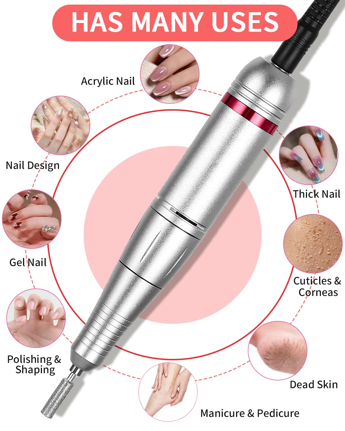 Torno para Uñas Profesional 45000 rpm, Drill para Uñas Profesional, Nail Drill, Lima Electrica Uñas, Torno Pedicura para Manicura, Pulido y Eliminación de gel de Uñas Acrílicas