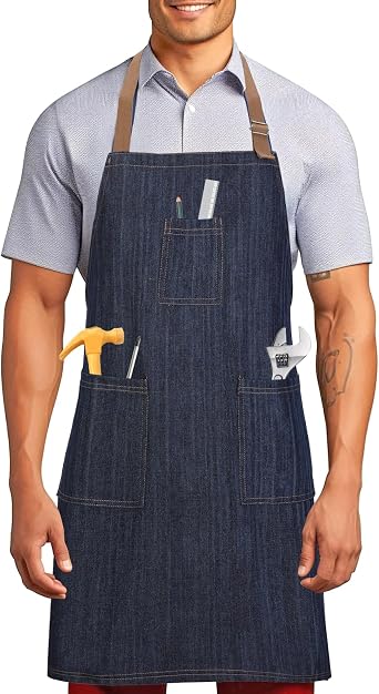 Cotton Denim Apron for Men Women, Professional Chef Apron with Large Pockets for Kitchen Cooking Gardening BBQ Hair Stylist Barista Restaurant, Heavy Duty Jean Work Apron Adjustable Size