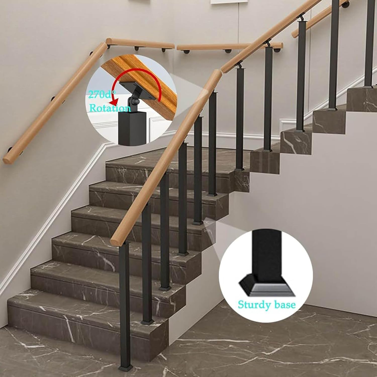 Adjustable 6 Pack Black Stair Railing Posts, 270° Square Spindles for Staircase, Deck & Steps, 100cm/39.4in Banister Columns, Durable Handrail Support (85cm/33.5in)
