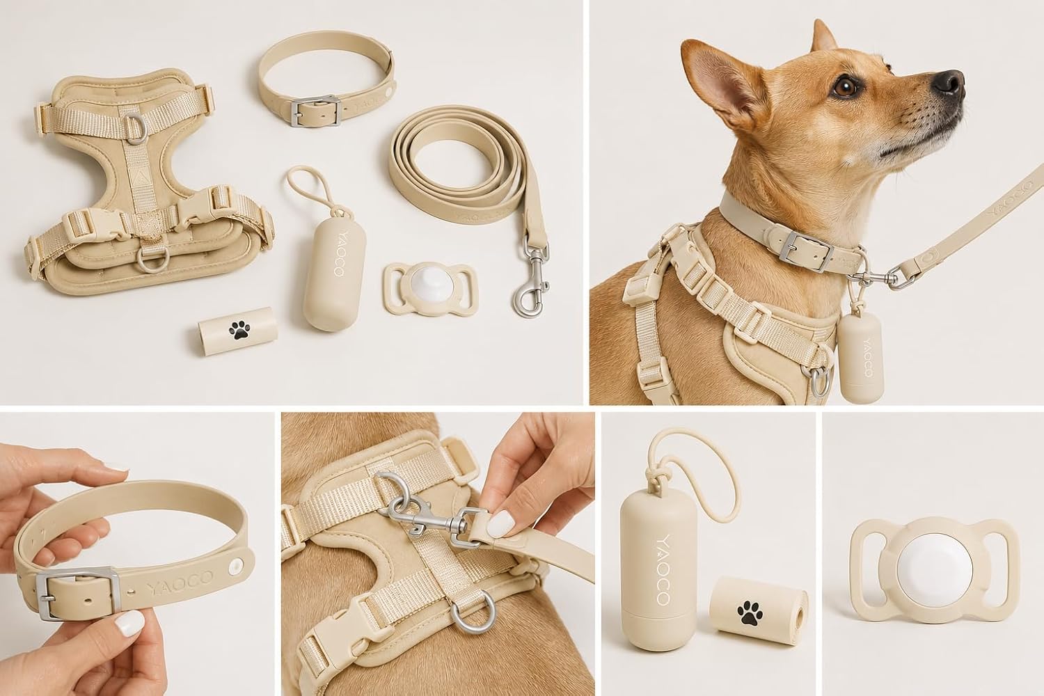 Premium Dog Walking Set - 6 Piece Matching Dog Accessory Kit with Adjustable Harness, Collar, Leash, AirTag Holder & Poop Bag Dispenser, Navy Blue, Small (Beige, L) image 2