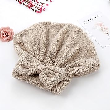 Hair Towel Wrap with Bowknot,Coral Fleece Hair Drying Cap Super Absorbent Quick Dry Shower Cap for Curly Long & Wet Hair Khaki