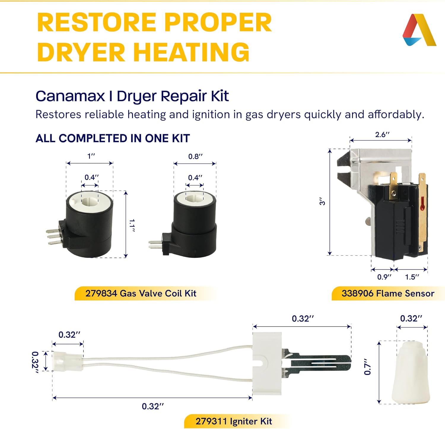 Gas Dryer Repair Kit 338906 Flame Sensor & 279311 Igniter & 279834 Solenoid Coils by Canamax - Fits GE Whirlpool Kenmore - Replaces WP338906VP, 12001349, AP6008294, PS11741429