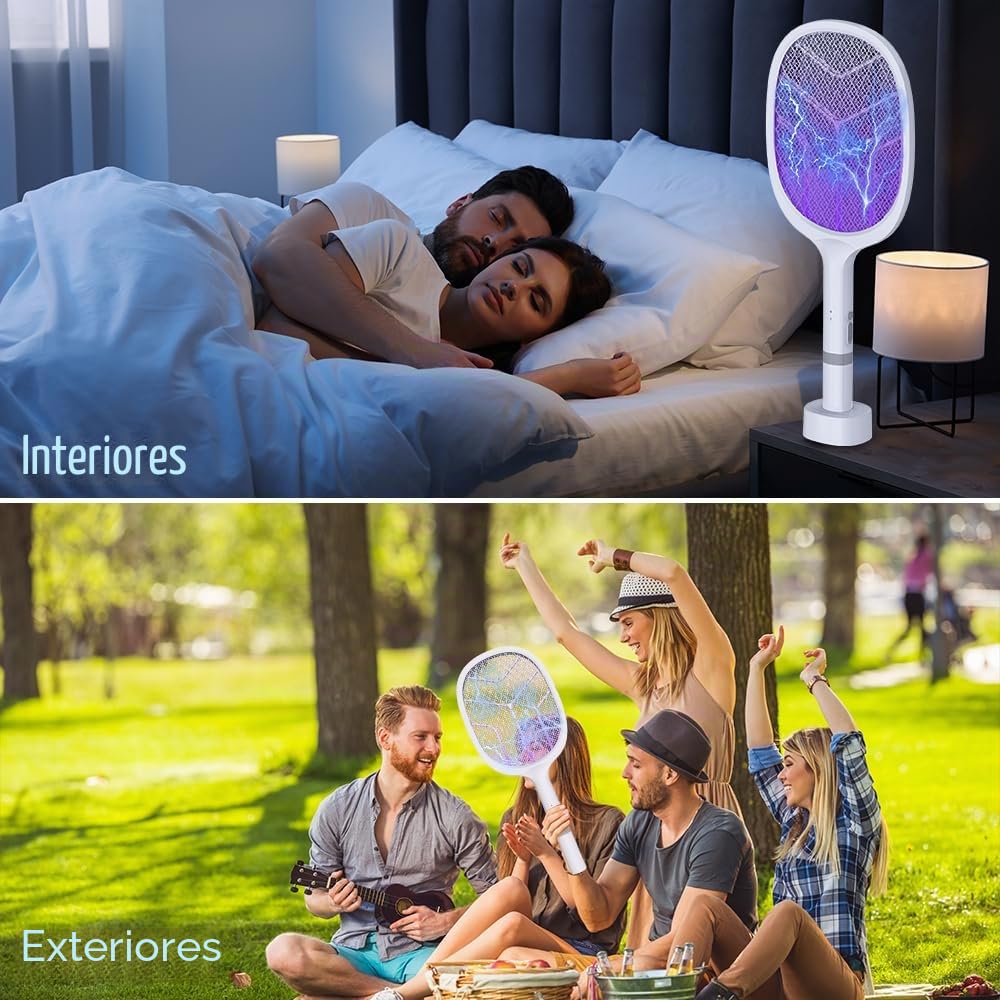 Raqueta Matamoscas Electrica (2 uds), 4800V Mata Mosquitos Electrico 2en1 con Base de Carga USB-C, Batería Recargable 1800mAh & LED UV, Raqueta Mosquitos Electrica para Mosquitos Moscas Abejas | Matamoscas eléctrico recargable 2 en 1, matamoscas eléctrico