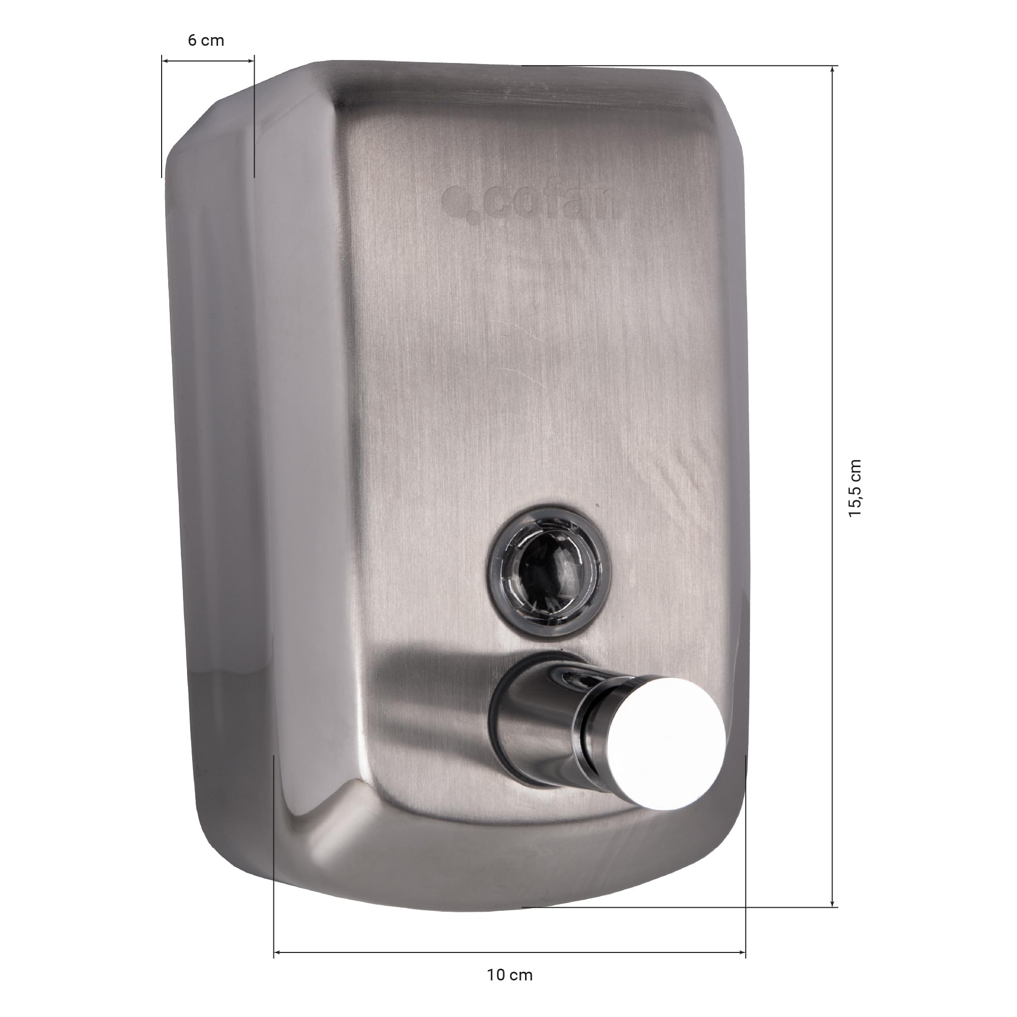 Cofan Dosificador de Jabón en Acero Inoxidable 304 | Capacidad: 500 ml o 1 Litro | Medidas: 10 x 6 x 15,5 cm | Dispensador de Jabón con Ventana de Visualización (Acero Inoxidable, 500 ml)