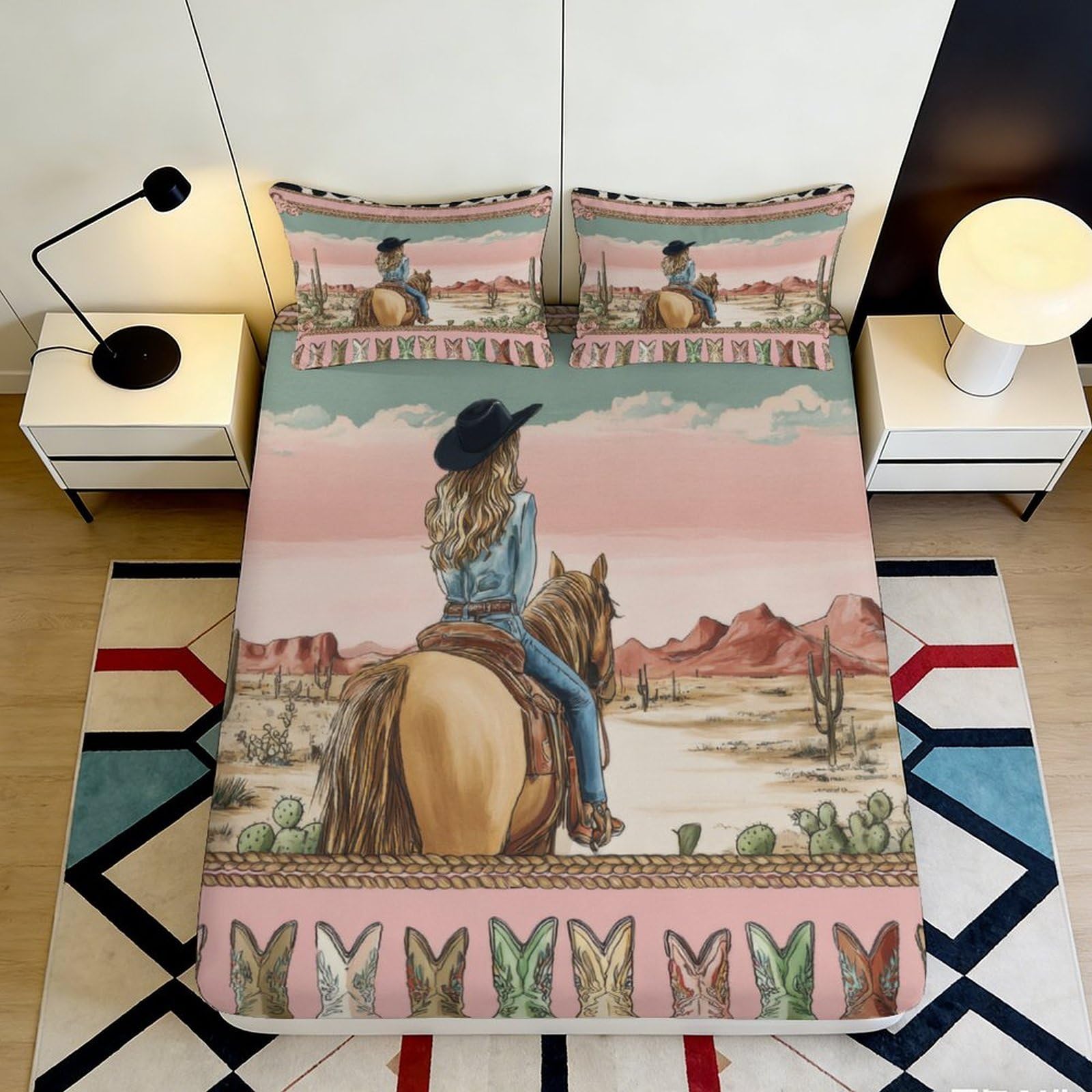 3D Printed Cowboy Desert Fitted Sheet Microfiber Soft Breathable Western Horse Bed Cover for Bedroom Guest Room Decor 90x200x25cm