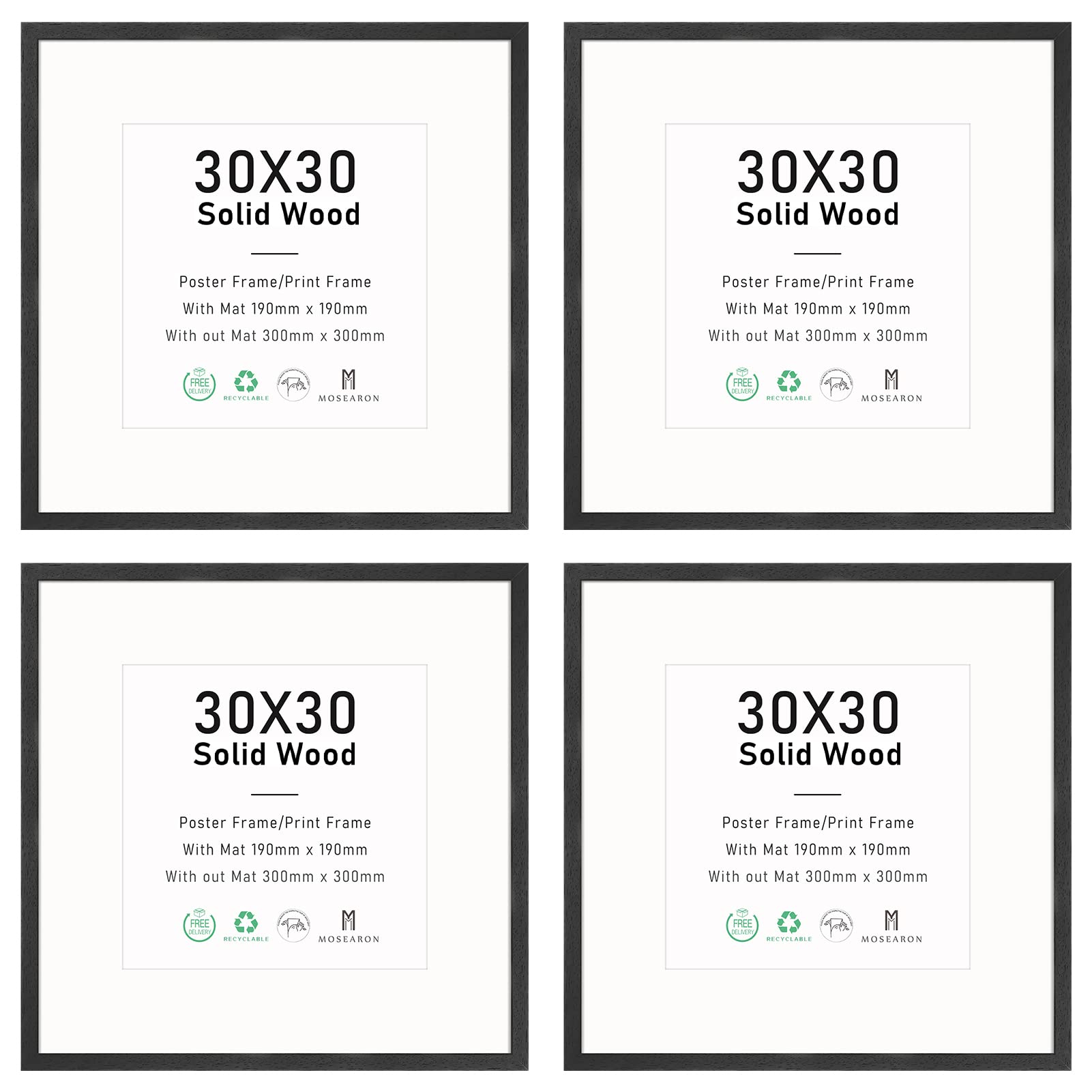 12x12 Certificate Picture Frame,Black Wood Photo Frame with mount for 8x8 print,Poster Frame with plexiglass for Wall Mount Display,30x30 cm,Set of 4