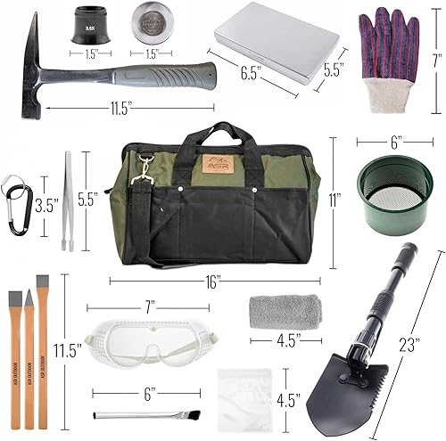 Miniatura 2 de ASR Outdoor Kit de equipo de Rockhounding para principiantes de 40 piezas con bolsa de herramientas, cinceles, martillo de selección de rocas