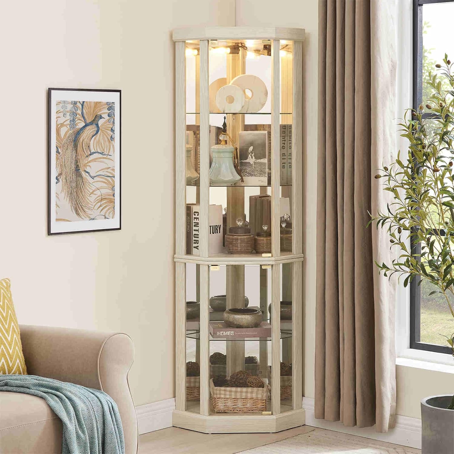 Lighted 3-Side Glass Display Cabinet with Adjustable Shelves - 70'' Tall Corner Cabinet with Anti-toppling Device & Side-hung Doors - Showcase for Antique Collection & Home Bar