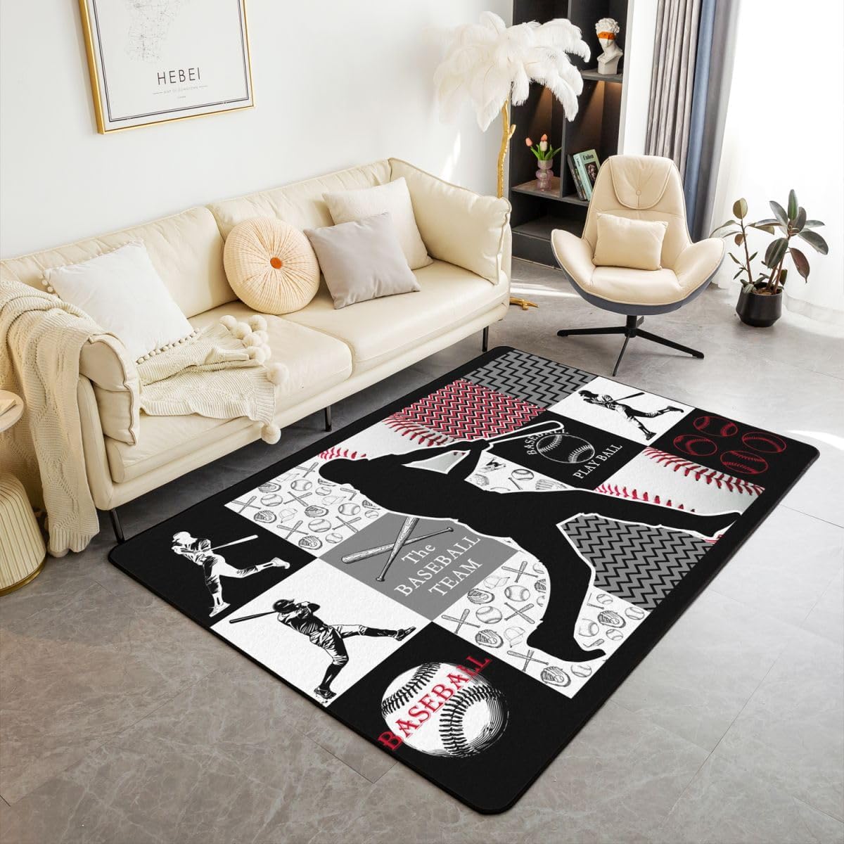 Feelyou Softball Area Rug 5x7 Kids Baseball Decorative Rug for Boys Girls Teens Baseball Gaming Living Room Rugs Sports Theme Navy Blue Indoor Floor Mat