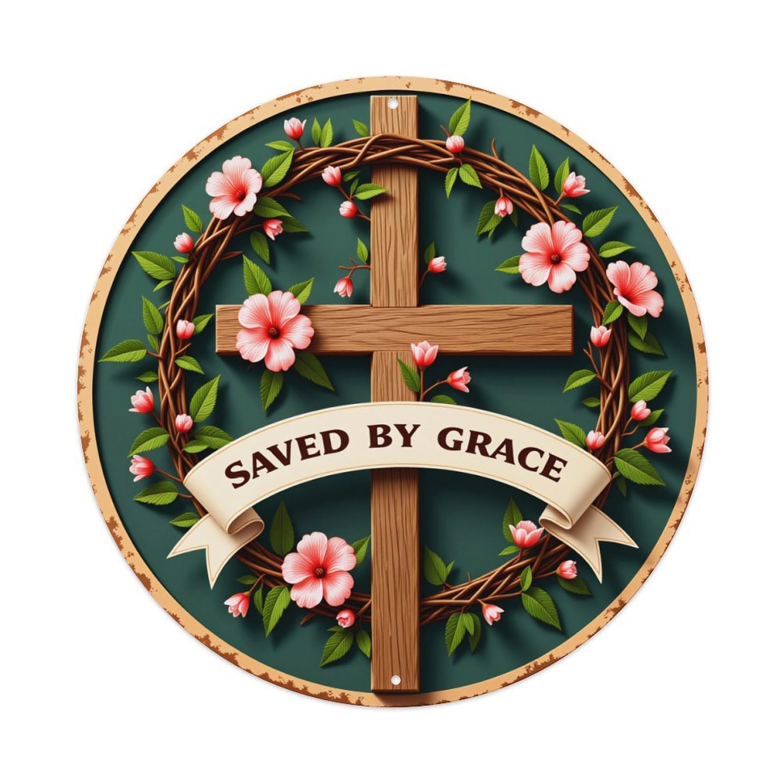Cross Wreath Flowers Ribbon Grace Round Tin Sign Vintage Metal Poster, Home Bar Garage Man Cave Cafe Indoor & Outdoor Wall Decoration 8x8Inches