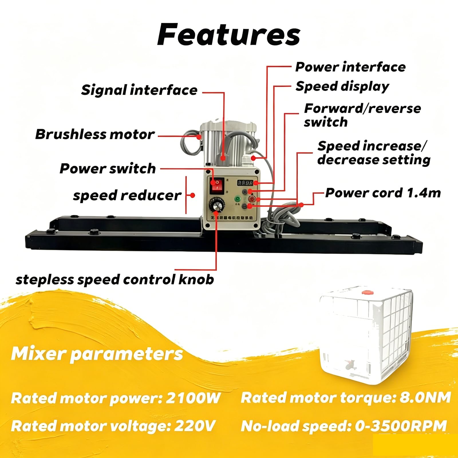 Agitador de pintura de 1 tonelada/1000 L de capacidad, equipo de mezcla de par de 32 Nm, servomotor de 2100 W para líquidos viscosos, aplicaciones de tinta y tinte, A