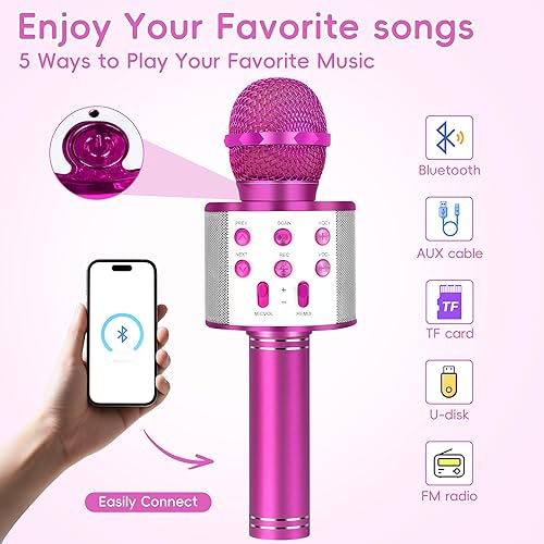 Miniatura 27 de KIDWILL Micrófono de karaoke inalámbrico Bluetooth para niños, 5 en 1, portátil, de mano, con altavoz, grabadora con radio FM ajustable Remix