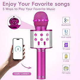 KIDWILL Wireless Bluetooth Karaoke Microphone for Kids, 5-in-1 Portable Handheld Karaoke Mic Speaker Player Recorder with Adjustable Remix FM Radio for Kids Girls Boys Teens Birthday-Hot Pink