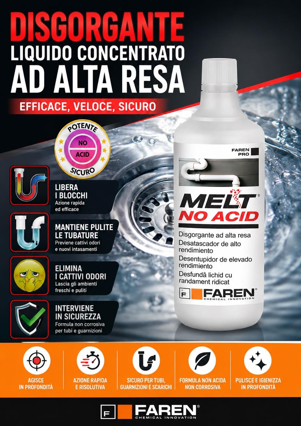 Faren Melt - Desatascador líquido concentrado, fórmula concentrada, no a base de ácido, fácil y rápido, seguro, 1 litro (12 unidades)