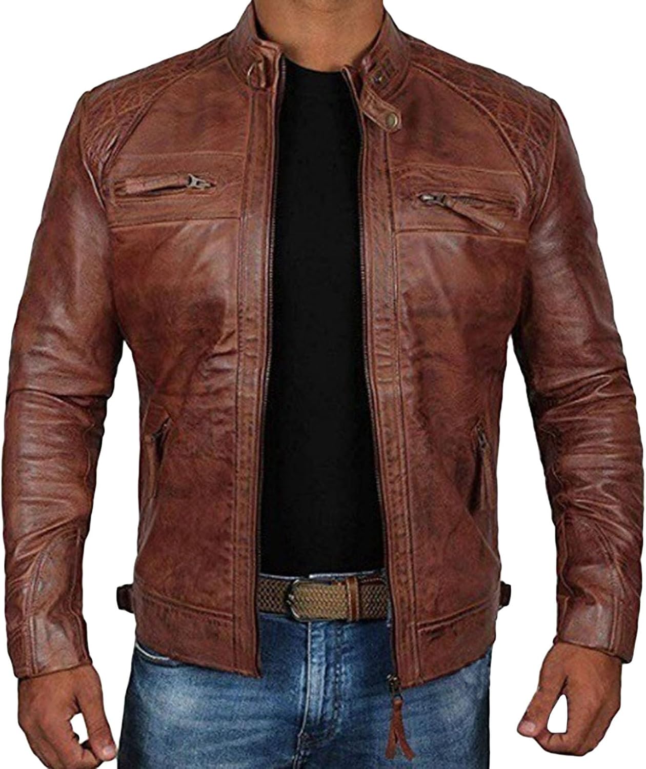 JEsilunmaMY Men's Stand Collar Punk Leather Jacket Vintage Crewneck Motorcycle Bomber Jacket Casual Moto Biker Outwear