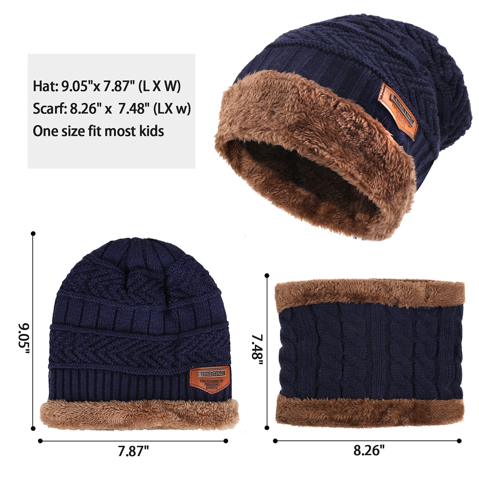 Bequemer Laden Enfants Hiver Chaud Ensemble Bonnet Echarpe Tricot Chapeau avec Doublure Polaire pour 3-8 Ans Garcon Fille Cadeaux Noel