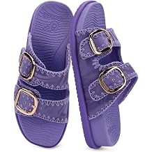COFACE Womens Stiched Trendy Summer Sandals Cloud Soft Cushioned Beach Slides Pattened Upper Double Adjustable Strap Big Buckle Open Toe Slip On Trending Flat Sandals for Vacations Outfit Size 6-12