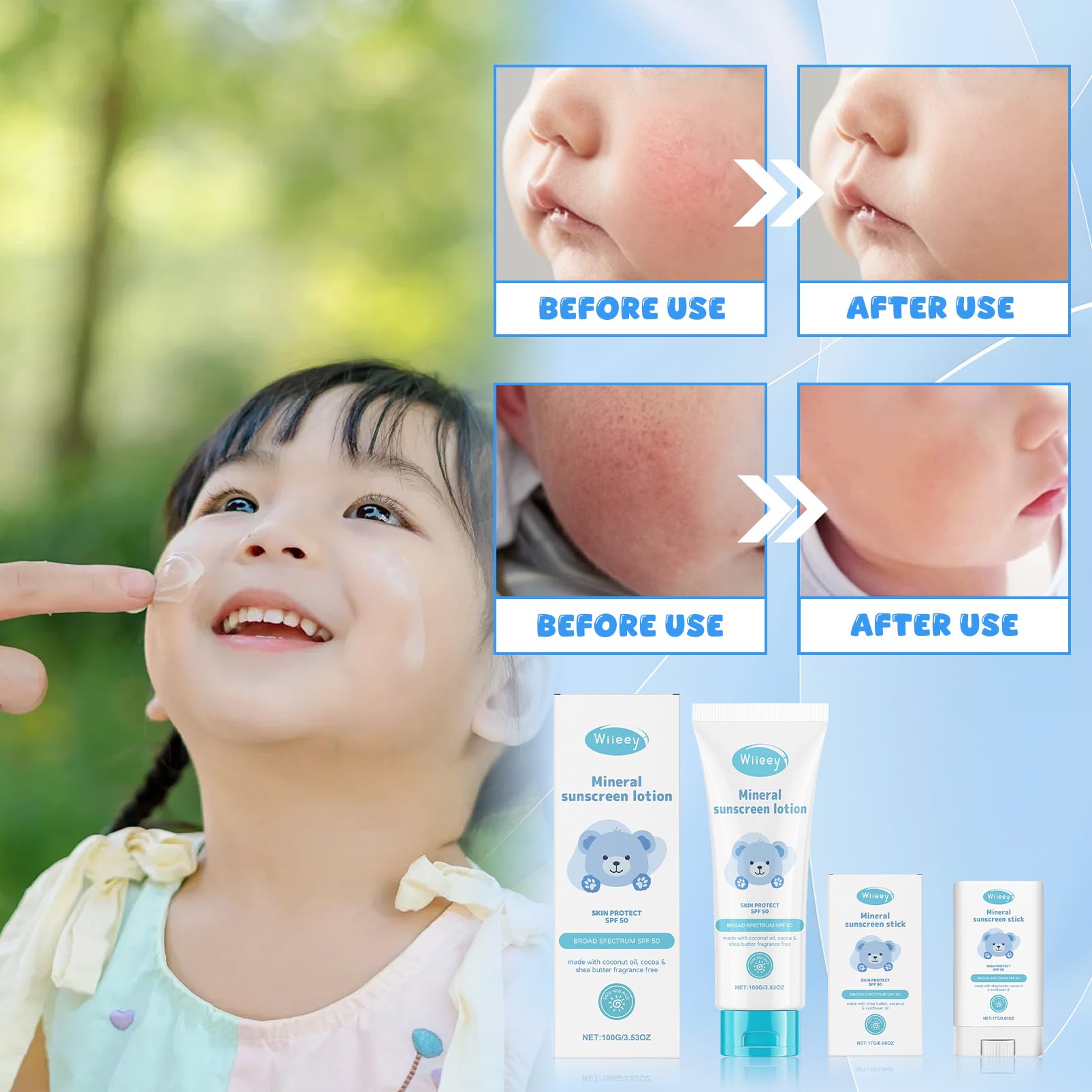 Creme Solaire Bebe & Enfant SPF50+ 100g + Stick Solaire Enfant 17g, Crème Solaire Minérale Kids, Protection UVA & UVB, Lait Solaire Bébé, Résiste à L'Eau, Vegan, Sans Parfum, Pour Bébé, Kids