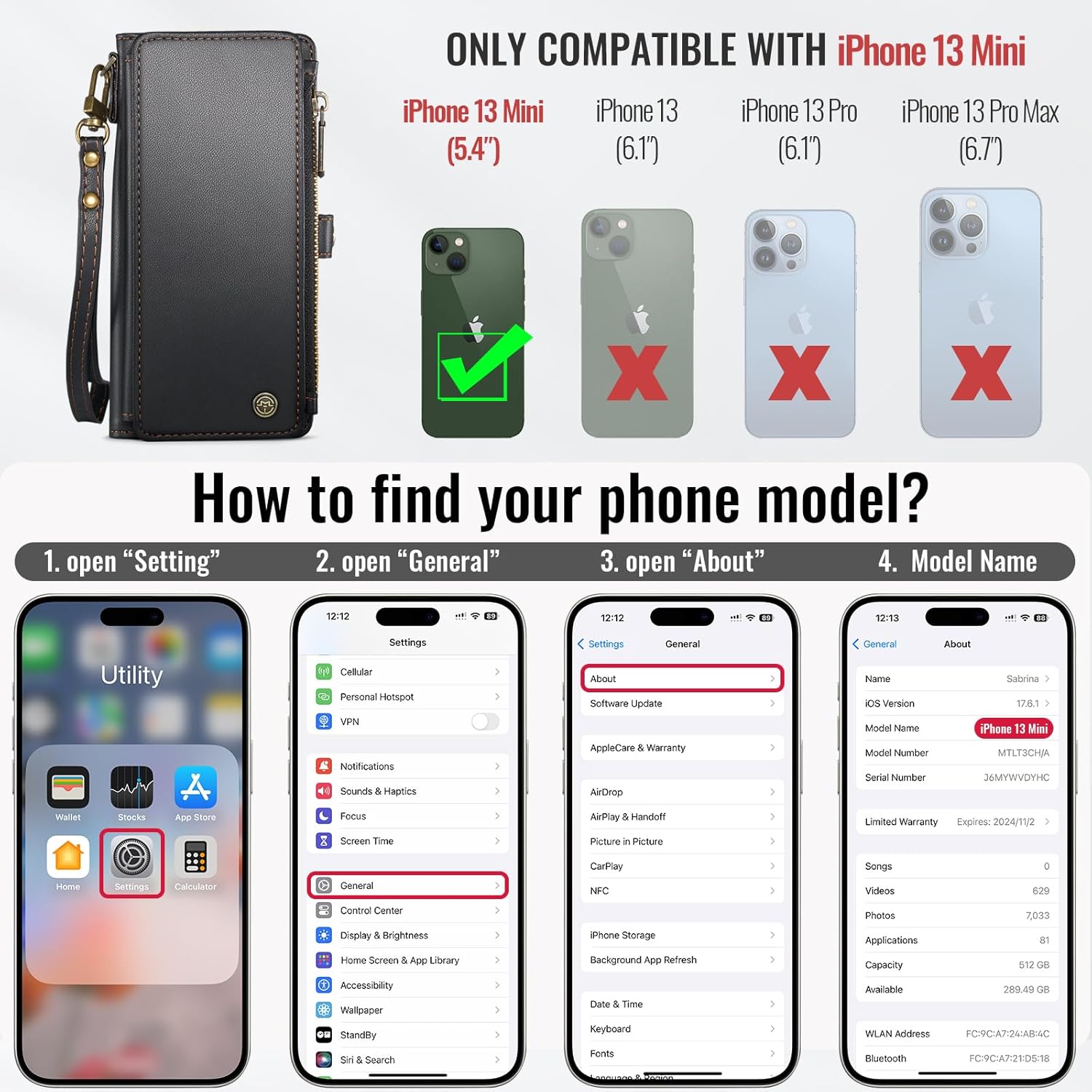 Defencase Compatible with iPhone 13 Mini Case Wallet with RFID Blocking Card Holder for Women and Men, PU Leather Magnetic Snap Flip Zipper Strap Wallet Phone Case Fit for iPhone 13 Mini 5.4", Black