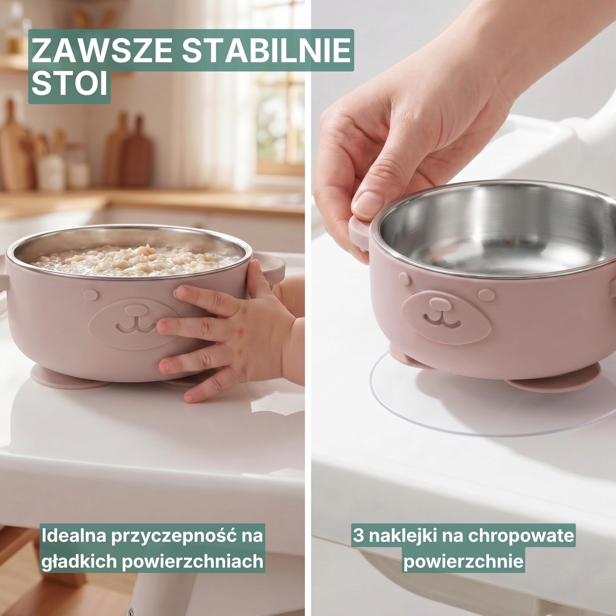 Miseczka Dla Niemowląt Stal Przyssawka 2 szt Sztućce Beż/Róż | Miseczka z przyssawką i sztućcami. 3 naklejki do mocowania. Bez BPA. Od 6 miesięcy. Do zmywarki.
