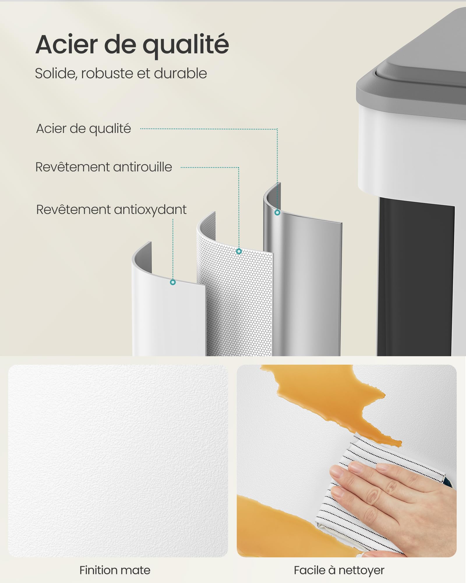 SONGMICS Poubelle de Cuisine, 2 x 15 L Poubelle Double pour le Recyclage et les Déchets Ménagers, Seaux Intérieurs, Acier, Fermeture Douce, Pédale, Blanc Nuage LTB544W02