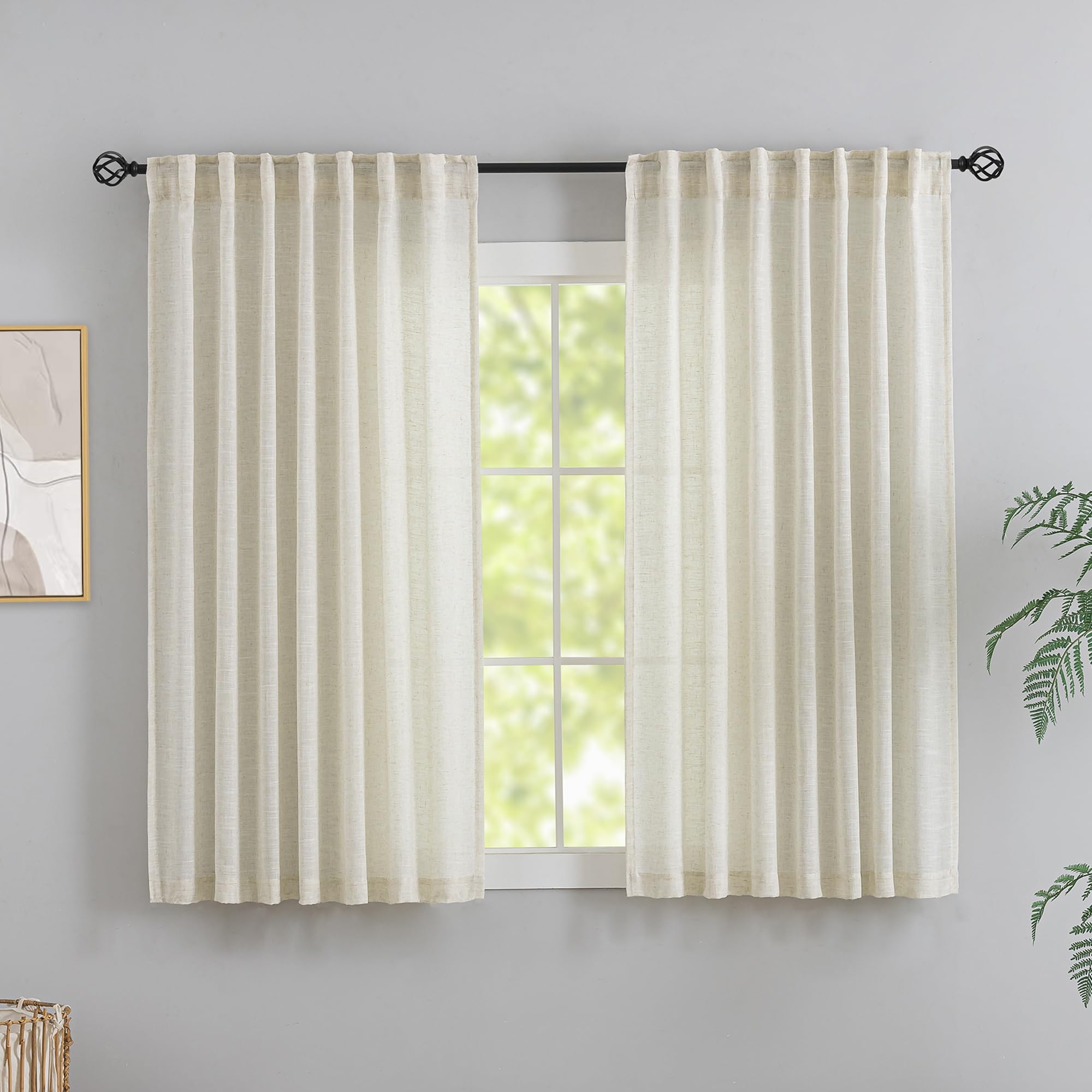 DONREN Natural Back Tab Curtains 54 Inches Long 2 Panels for Guest Room -Elegant Modern Country Semi Sheer Privacy Drapes Hooks Belt Light Filtering Playroom Curtains W52 x L54 — image 1