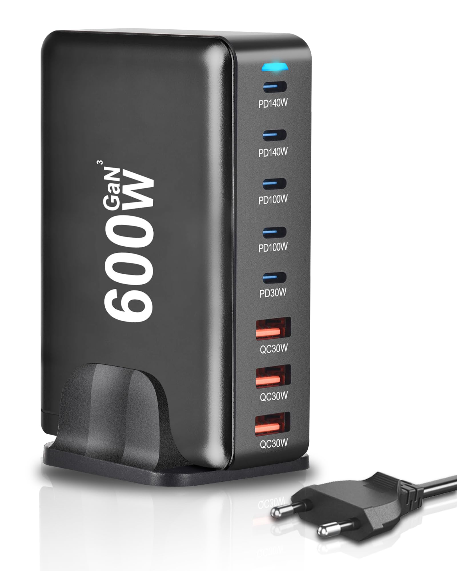 GaN Desktop Ladegerät 600 W, Schnellladestation 8 Ports (5 USB-C + 3 USB-A)