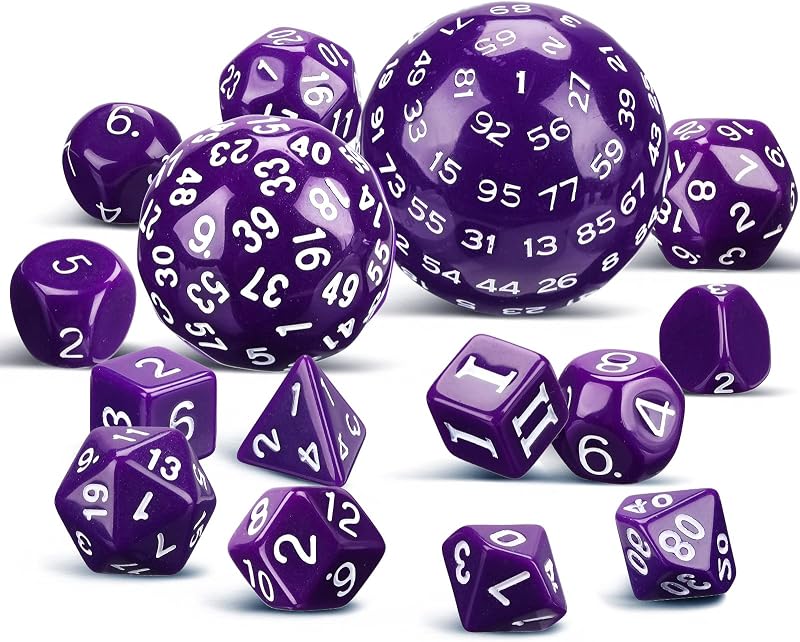 Juego completo de dados poliédricos de 15 piezas D3-D100 Juego de dados esféricos RPG en negro opaco, 100 lados para juegos de rol, juegos de mesa, suministros para fiestas (púrpura y blanco)