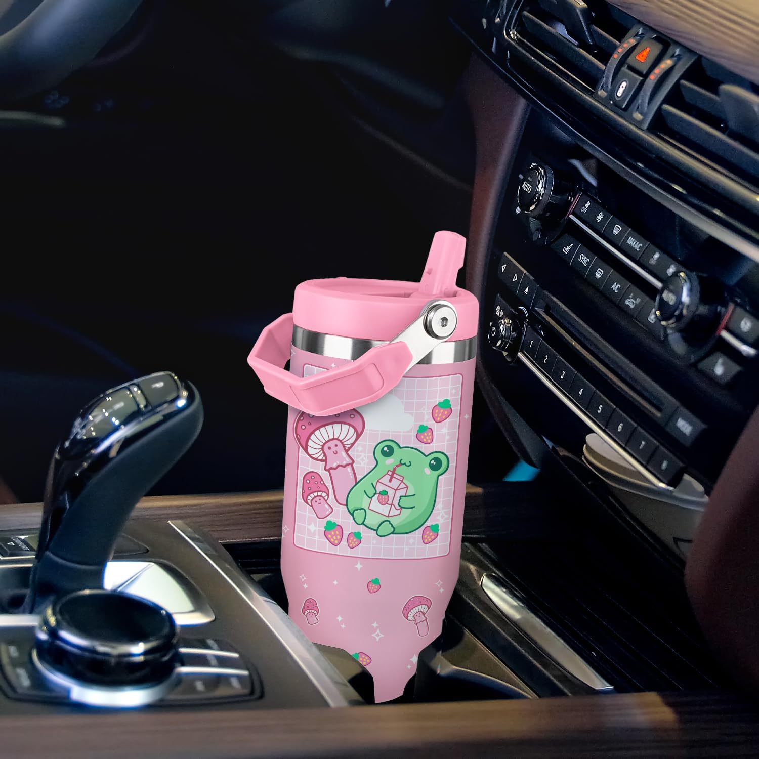 Frog Tumbler with Lid and Straw 30oz Flip Straw Mushroom Tumbler Glass Insulated Cute Frog Travel Mug with Handle Gifts for Women - Image 7