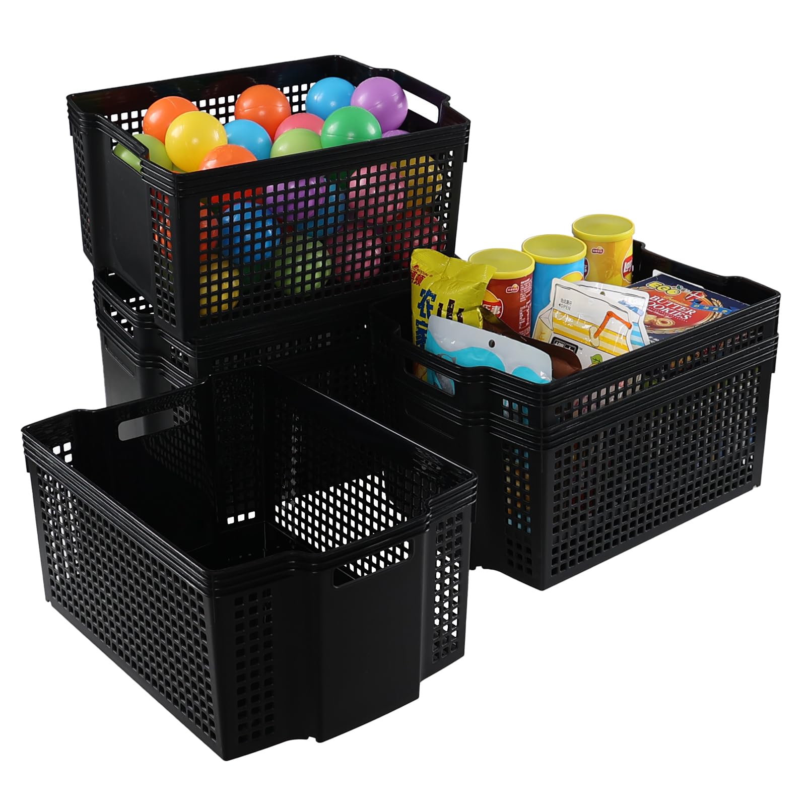 Gloreen Large Plastic Laundry Storage Baskets Pack of 6, Black Stackable Storage Baskets Set