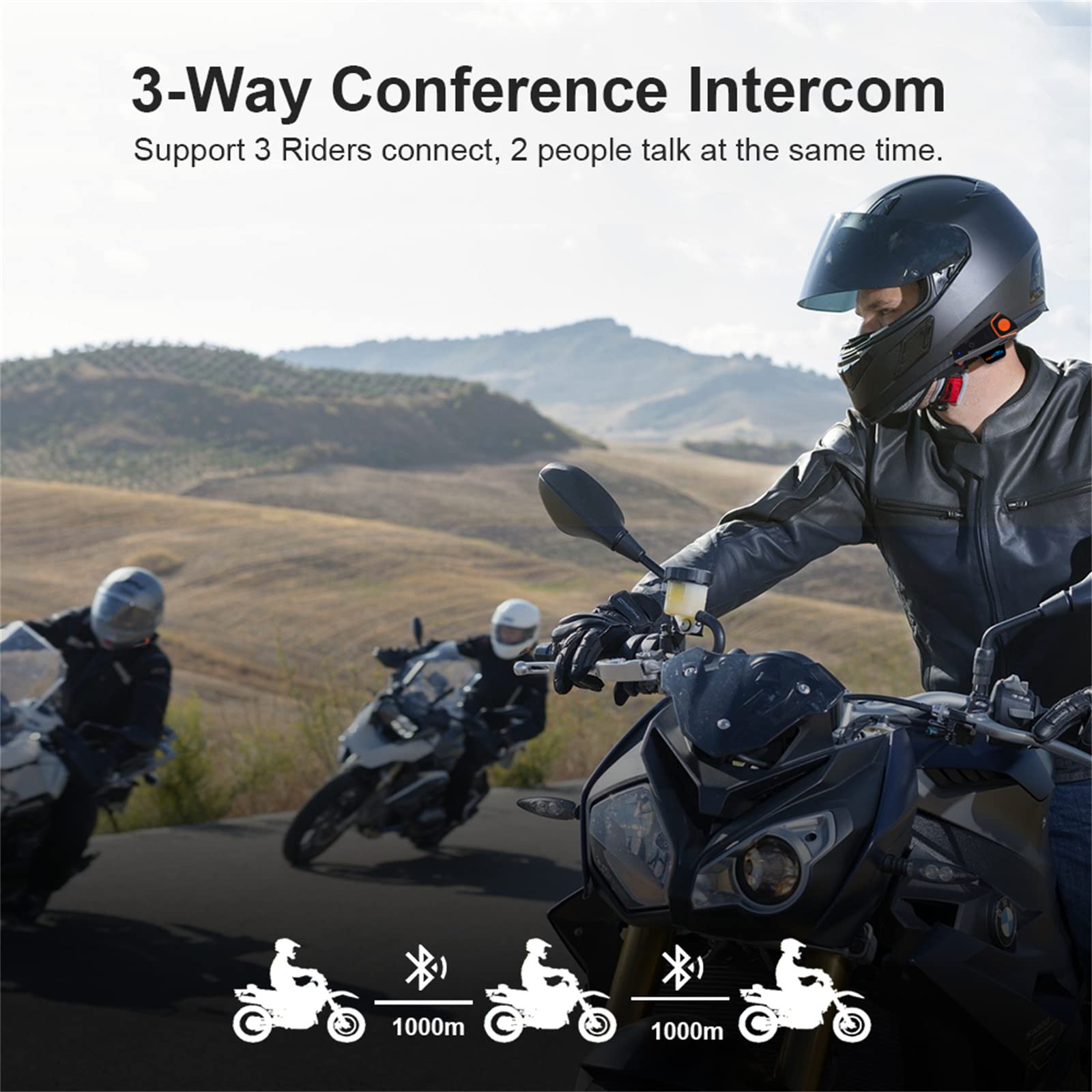 Interfono Bluetooth Per Moto Interfono Per Moto Fuoristrada Casco Bluetooth Auricolare 1000M Bluetooth Sistema Di Comunicazione Per Moto, Vivavoce, FM,1pcs