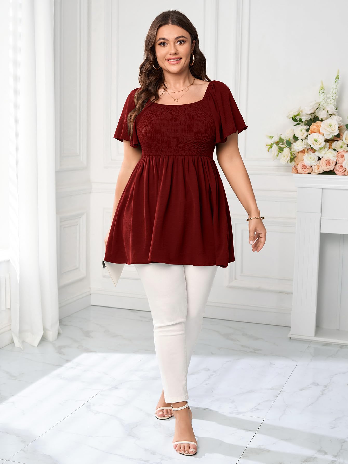 SHESTARR Haut habillé grande taille pour femme, col carré, manches courtes, smocké, péplum