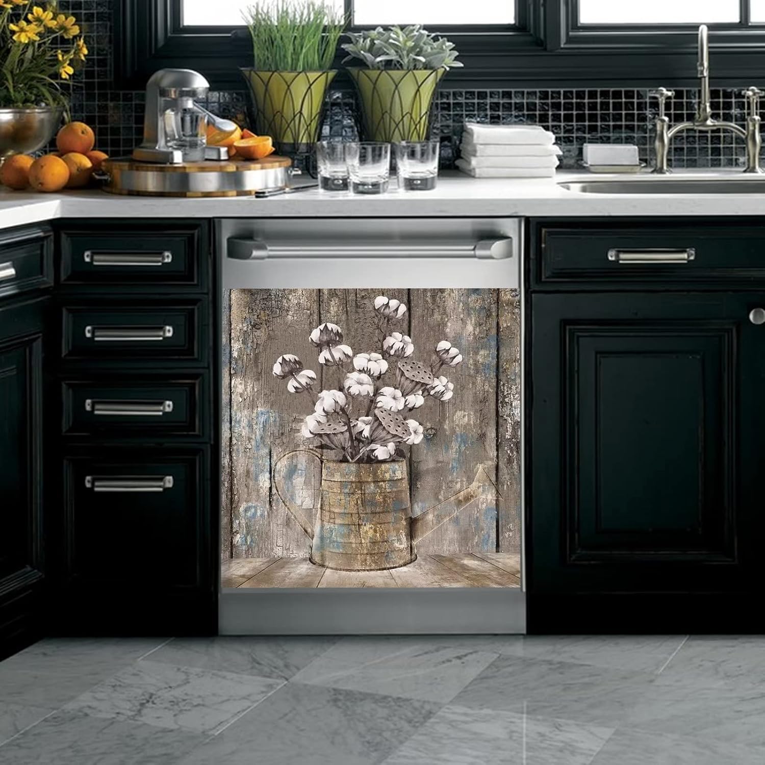 Vintage Wood Dishwasher Cover Kitchen Decorative,Rustic Wooden Dishwasher Magnet Cover Decor Cotton Flower Sticker,Retro Farm Floral Dishwasher Decal Home Appliance Panel Stickers 23x26