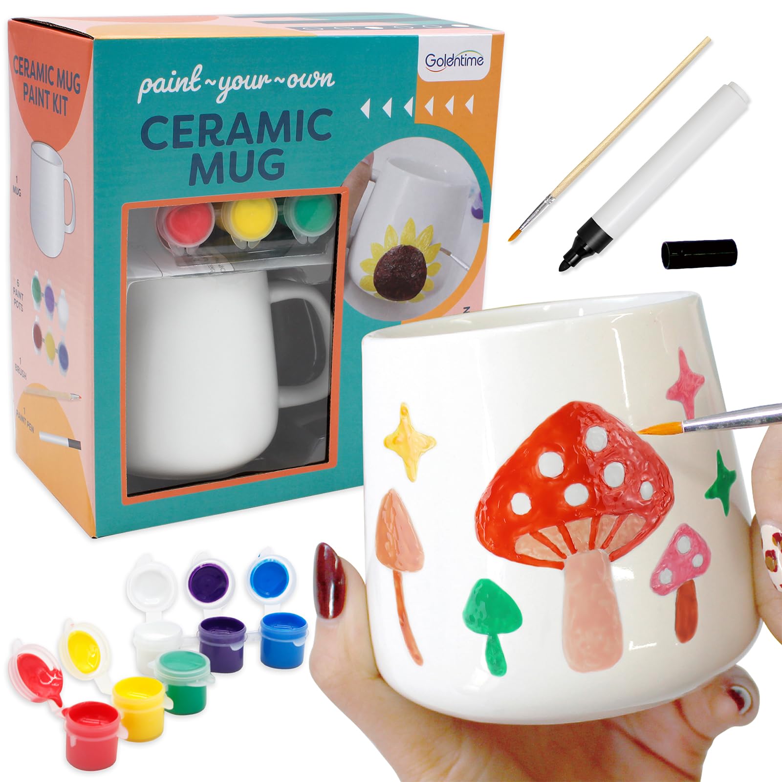 goldentime DIY Mug Painting Kit for Adults & Kids Includes Blank Ceramic Mugs to Decorate, Paintable Mugs, and Painting Supplies– Paint Your Own Mug for Mother's Day Father's Day Gifts!