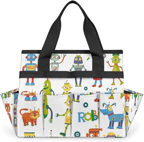 Cute Robots Garden Tool Tote Bag for Women Men Gardening Tool Storage Bags with 10 Pockets Standable Garden Home Tool Kits Organizer for Indoor