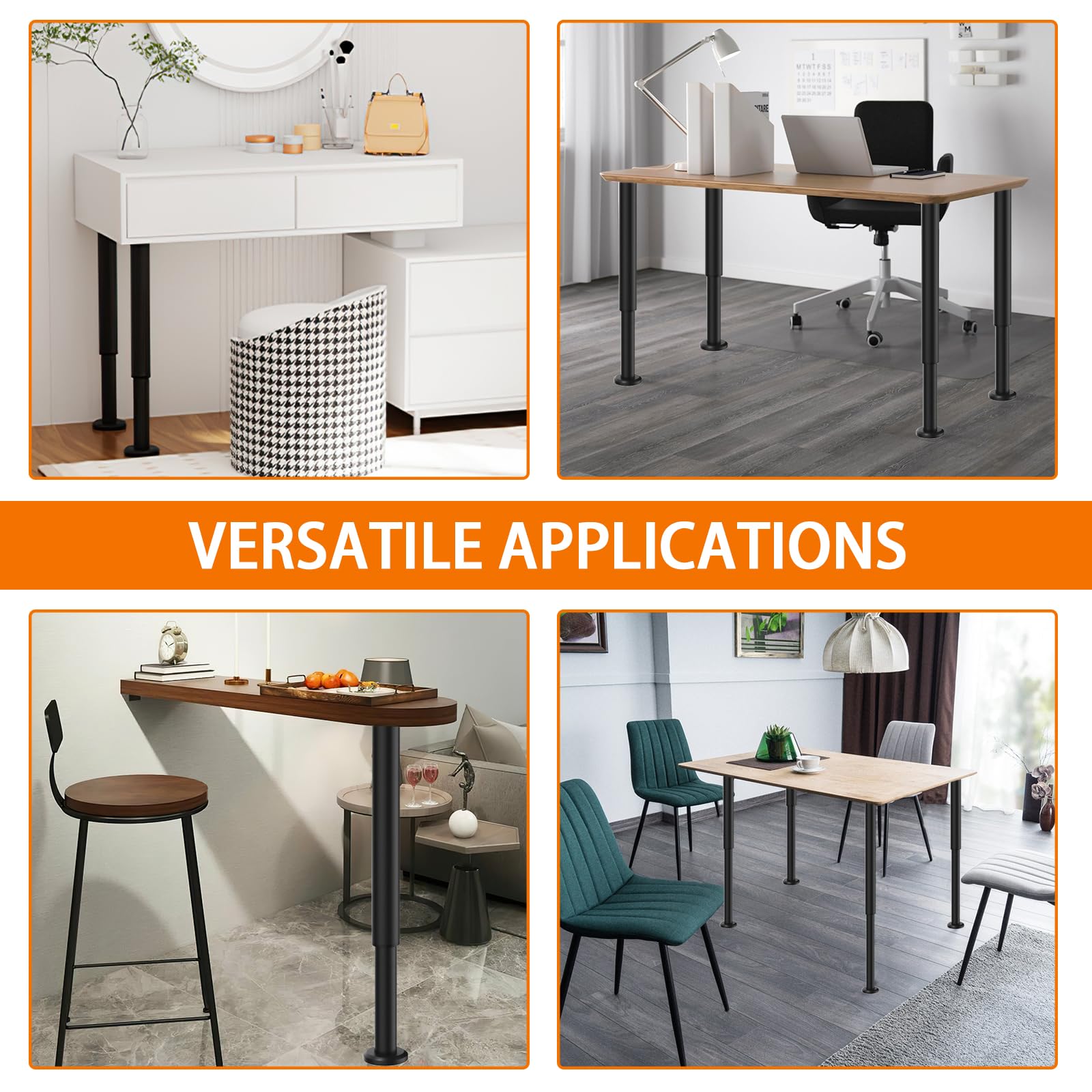 Lot de 2 Pieds de Table Réglables en Hauteur 72-110 cm – Pieds de Table Métalliques Robustes – Pied Bureau Réglable en Métal pour Table Haute, Bureau, Café, Restaurant – Charge Max 200 kg (Noir)
