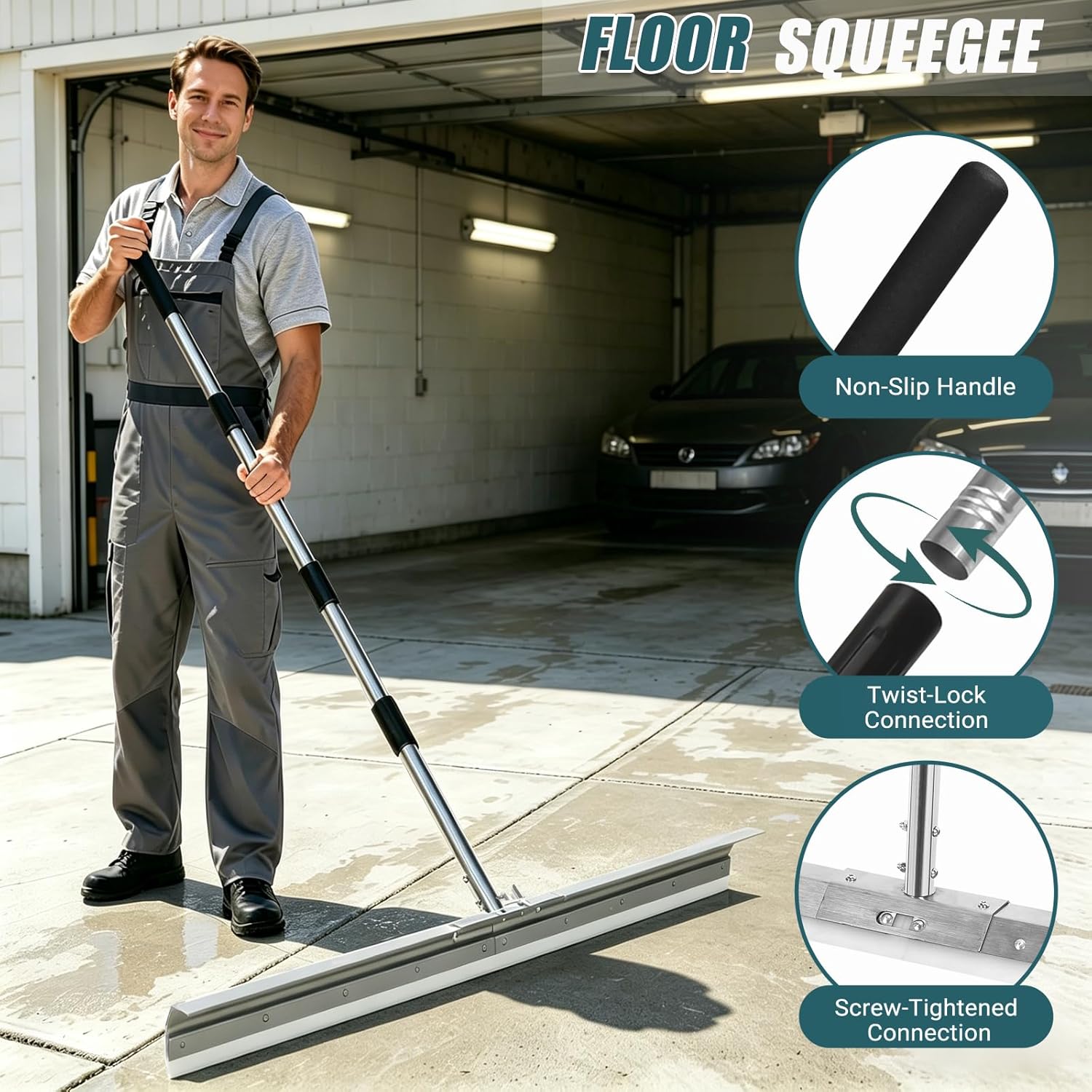 Heavy-Duty Large Floor Squeegee for Concrete, 33.4" Commercial Silicone Blade Squeegee for Floor with 63" Stainless Handle, Anti-Splash Curved Baffle for Garage, Factory, and Tough Cleaning Jobs