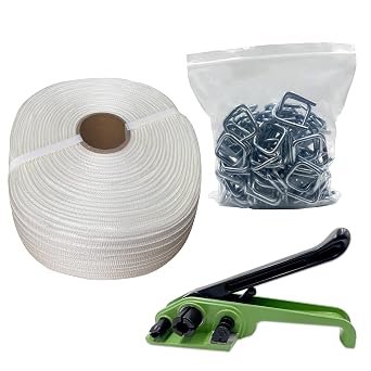Heavy Duty 770Lbs Break Strength 1/2" x 3800 Woven Cord Banding Strapping Kit, Woven Cord Tensioner, 100 pcs Galvanized Wire Buckles and Woven Cord Roll