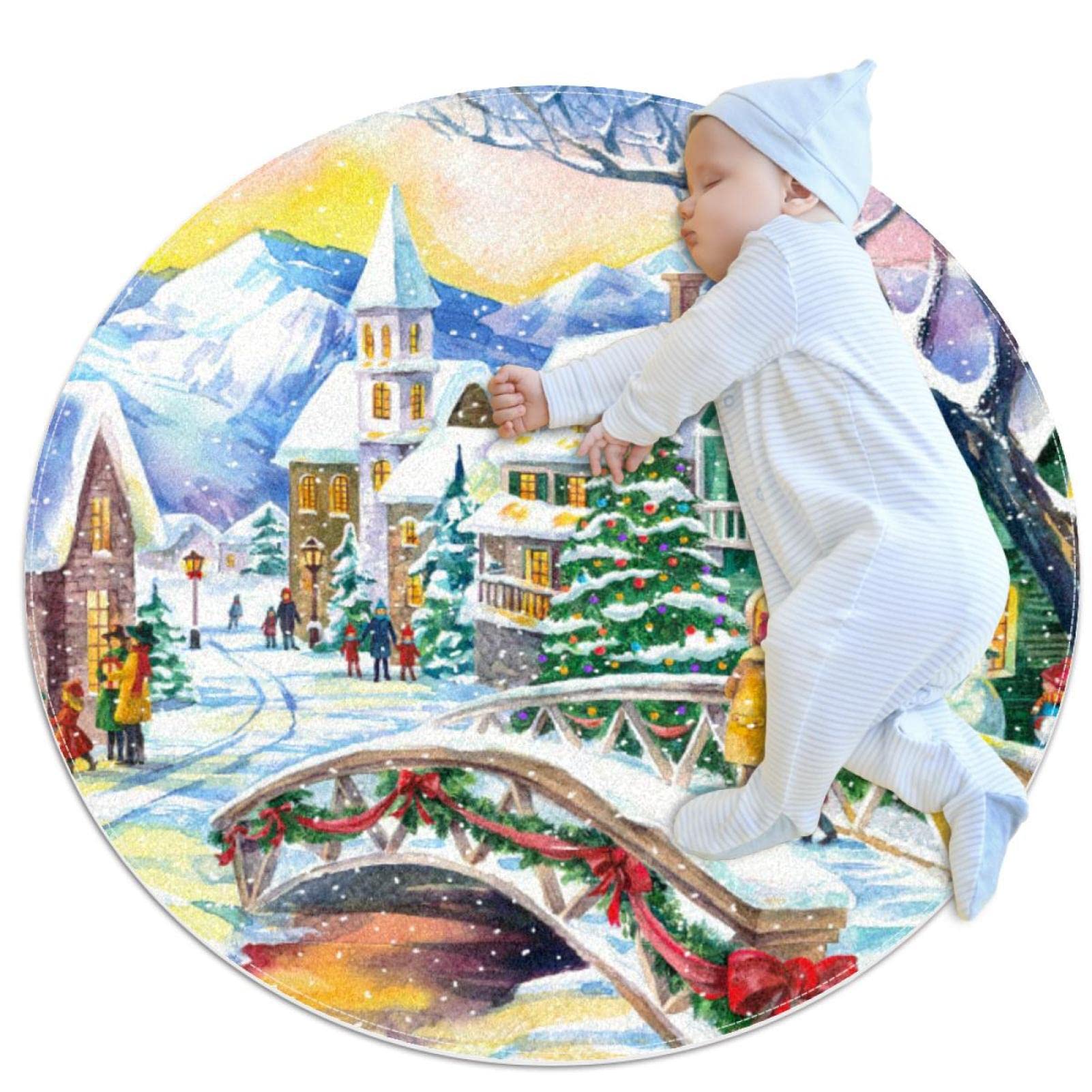 Tapis rond 80 cm village de Noël antidérapant pour déco de fête