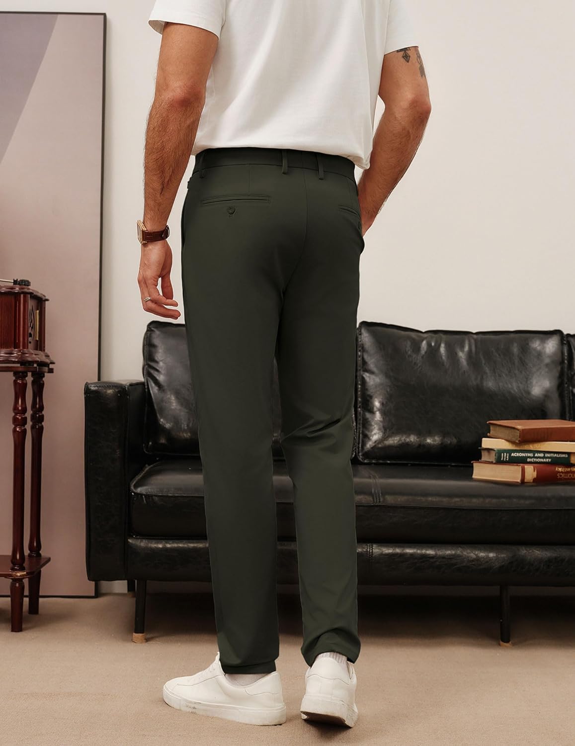 PJ PAUL JONES Mens Work Pants Regular Fit Casual Dress Pants Expandable Waist Dress Cropped Pant Slacks Tapered Pant Army Green XL - Image 5