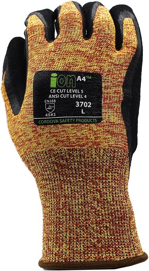 Cordova 3702 Ion A4 Gloves, Mandarin 13-Gauge HPPE/Glass Shell, Sandy Nitrile Palm Coating, ANSI Cut Level A4