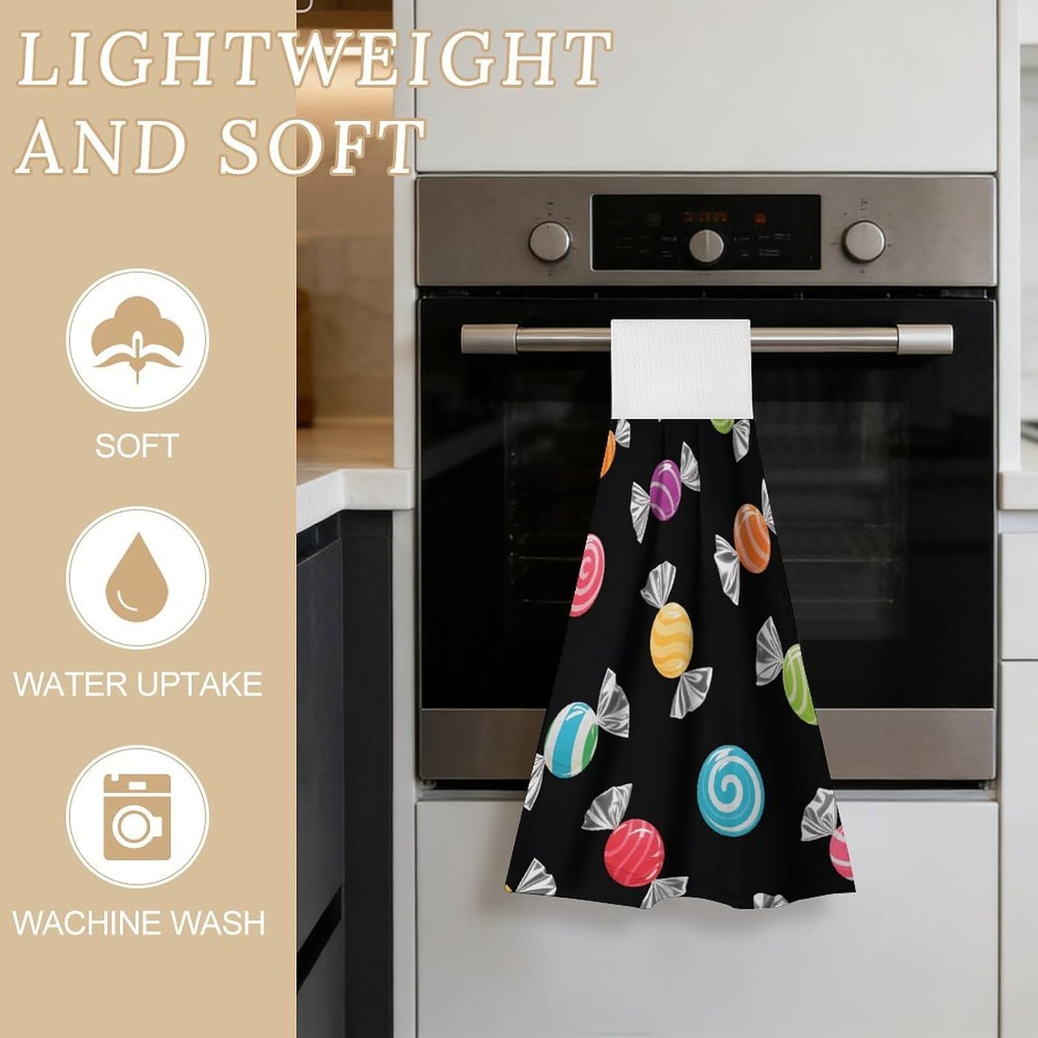 Black Colorful Candys Hanging Kitchen Towels Hand Towels Set of 2 image 3