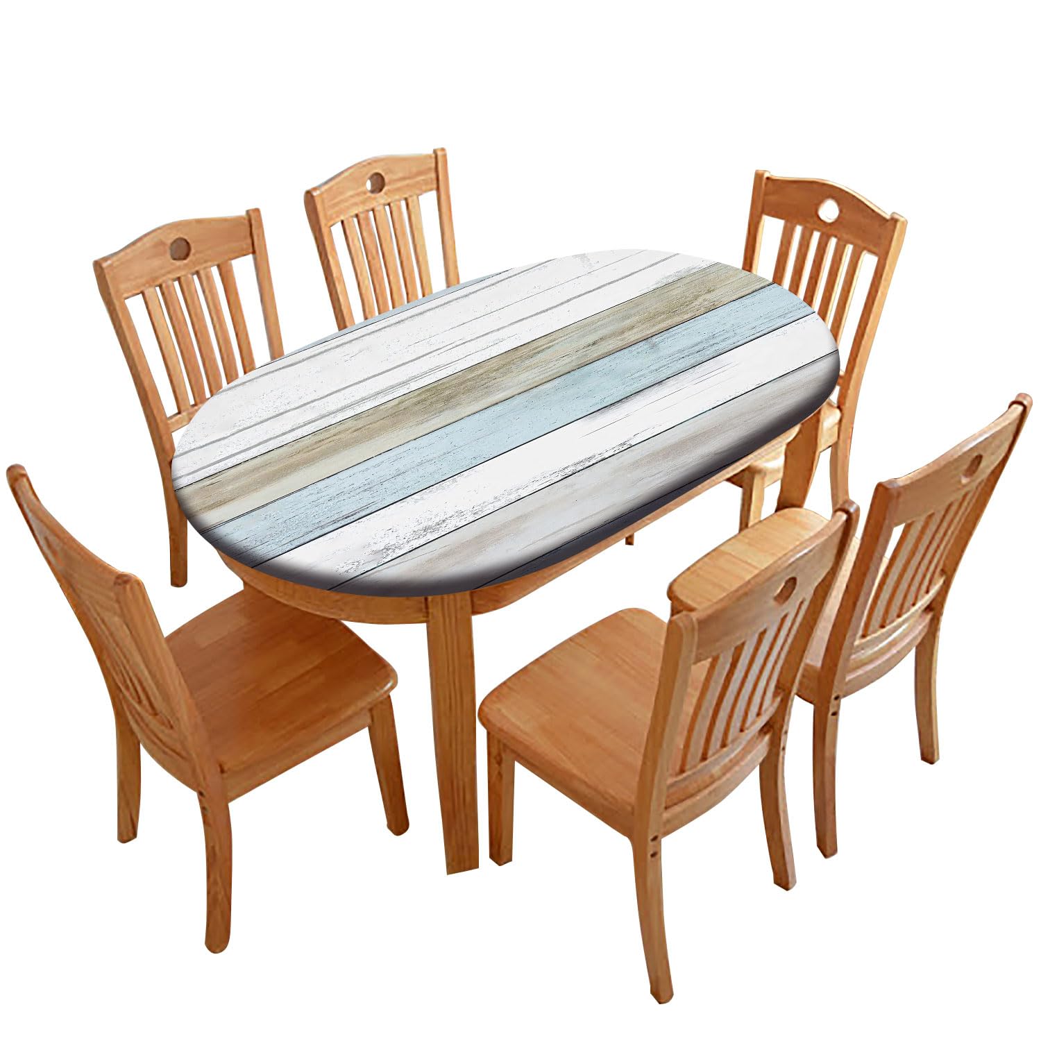 Rustic Elastic Edged Oval Table Cloths, Wood Panel Polyester Wrinkle Resistant Fitted Table Cover, for Indoor Holiday Family Banquet and Outdoor Patio Use, Fits 52