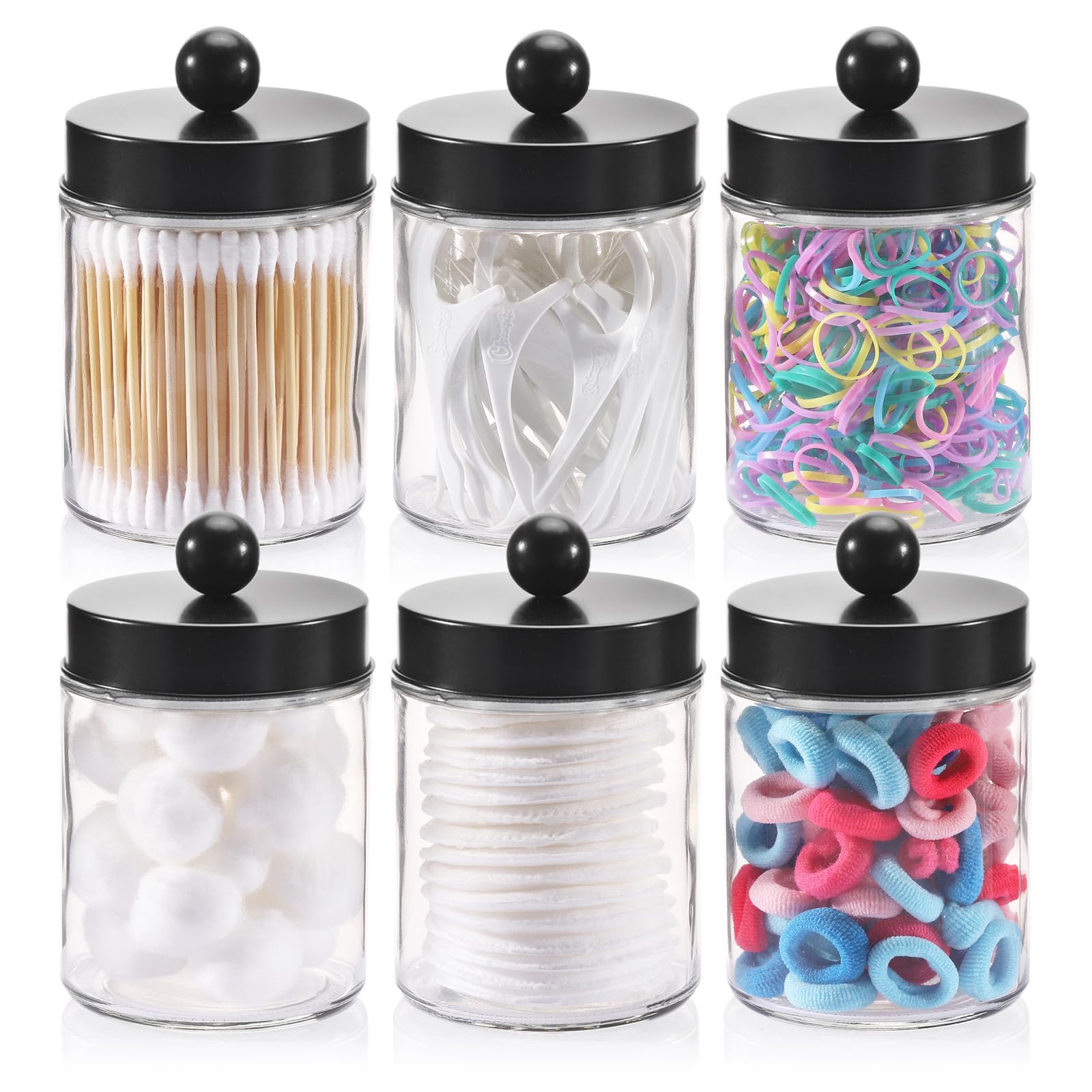 Tbestmax 6 Pack Glass Qtip Holder 10-Ounce Bathroom Containers Apothecary Jars with Metal Lids for Cotton Ball Swab Pad - Black