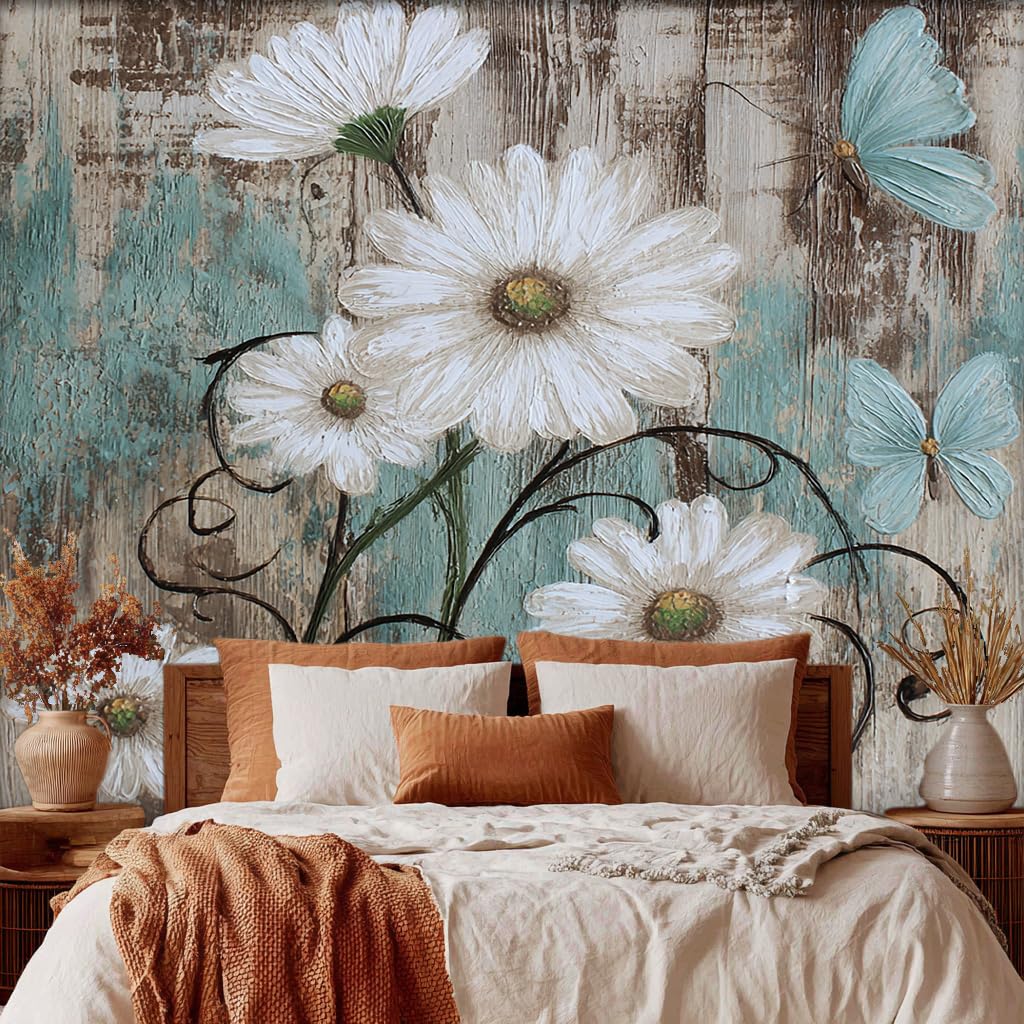 Daisy Flower Wallpaper, Rustic Butterfly Wood Grain Wallpaper for Living Room, Bedroom, Non-Woven Decor Wall Paper, Photo Mural Dining Room, Hallway, Lounge, 100 X 70 cm A162