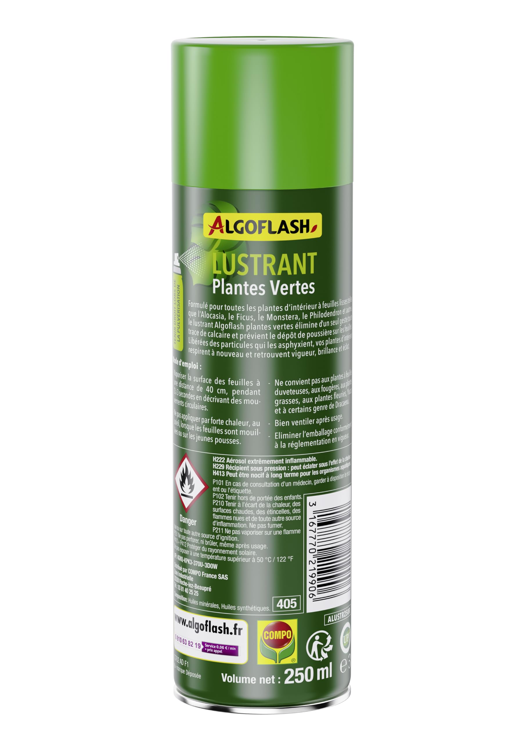 ALGOFLASH Lustrant Plantes Vertes, Brillance et Éclat, Prêt à l'Emploi, 250 mL, ALUSTR250R